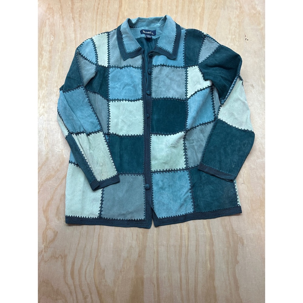 Denim & Co Womens Blue Patchwork Suede Leather Jacket Whipstitch Boho Medium